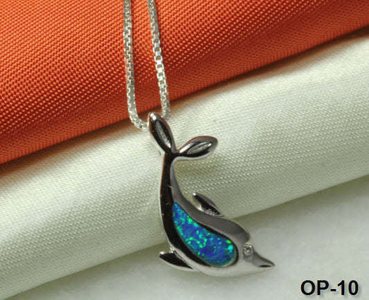 DOLPHIN NECKLACE PENDANT 925 STERLING SILVER OPAL INLAY W/ 16IN CHAIN~OP10~MAXXS