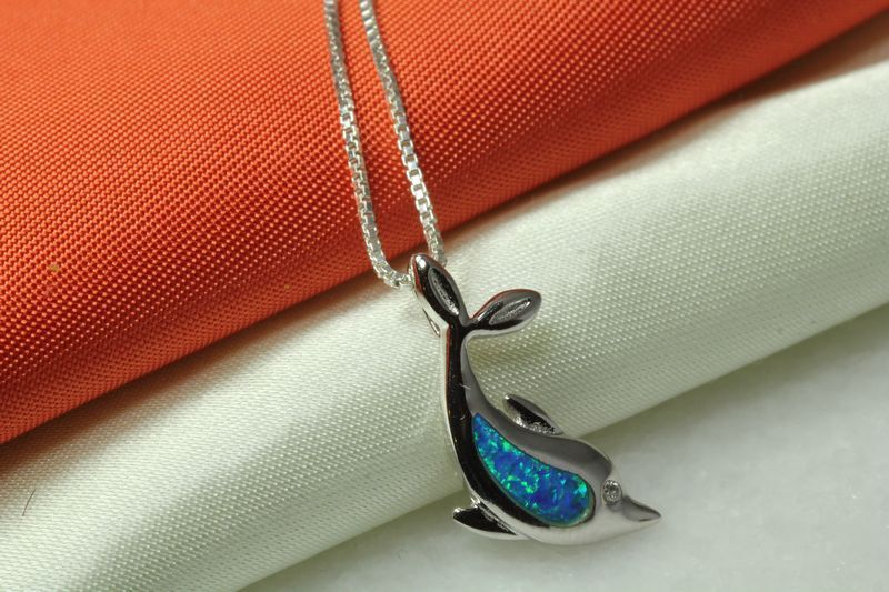 DOLPHIN NECKLACE PENDANT 925 STERLING SILVER OPAL INLAY W/ 16IN CHAIN~OP10~MAXXS