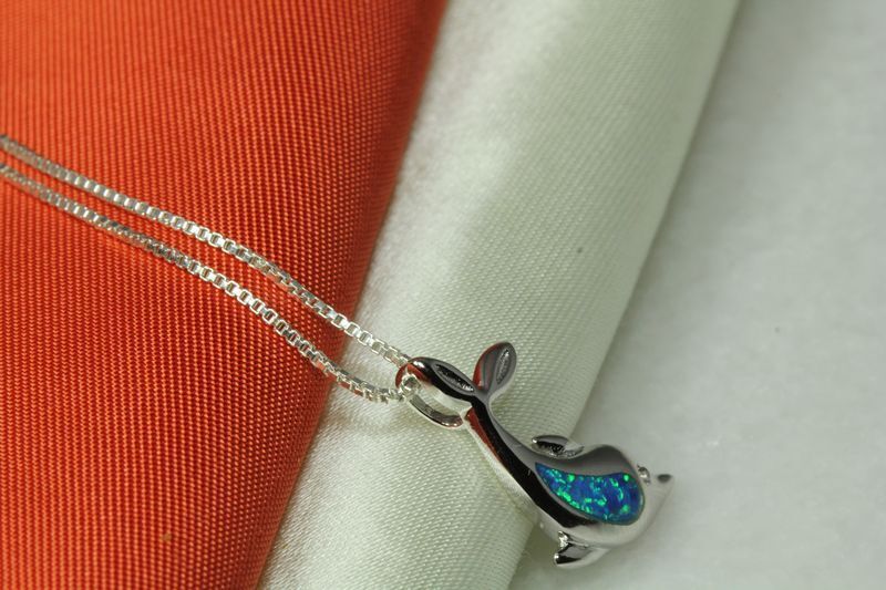 DOLPHIN NECKLACE PENDANT 925 STERLING SILVER OPAL INLAY W/ 16IN CHAIN~OP10~MAXXS