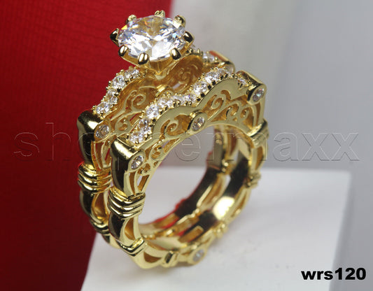 Vtg Gold Solitaire 925 Silver Engagement Ring Bridal Ring Set wedding Ring Set