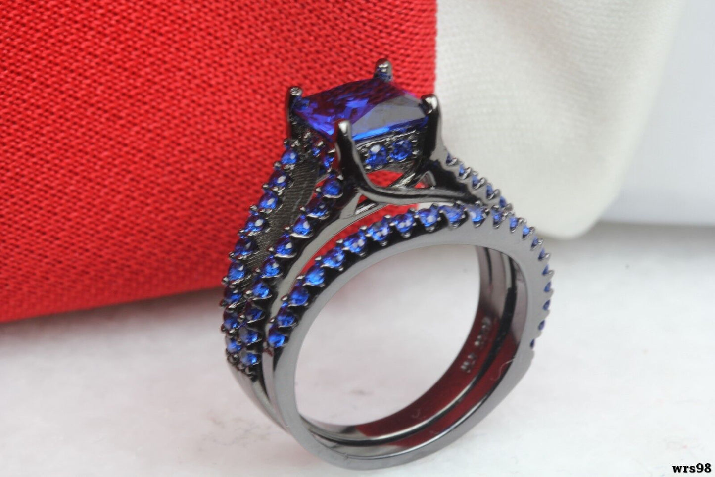 Bridal Blue CZ Gothic Black Plated 925 Silver Engagement Wedding Rings Set