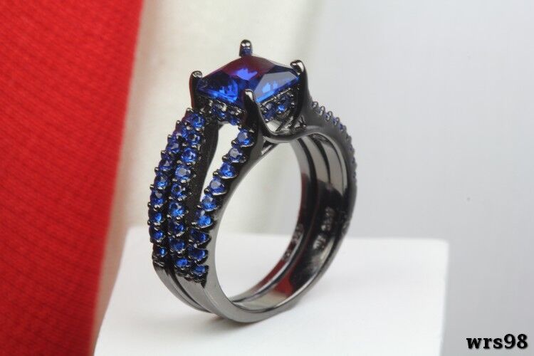 Bridal Blue CZ Gothic Black Plated 925 Silver Engagement Wedding Rings Set