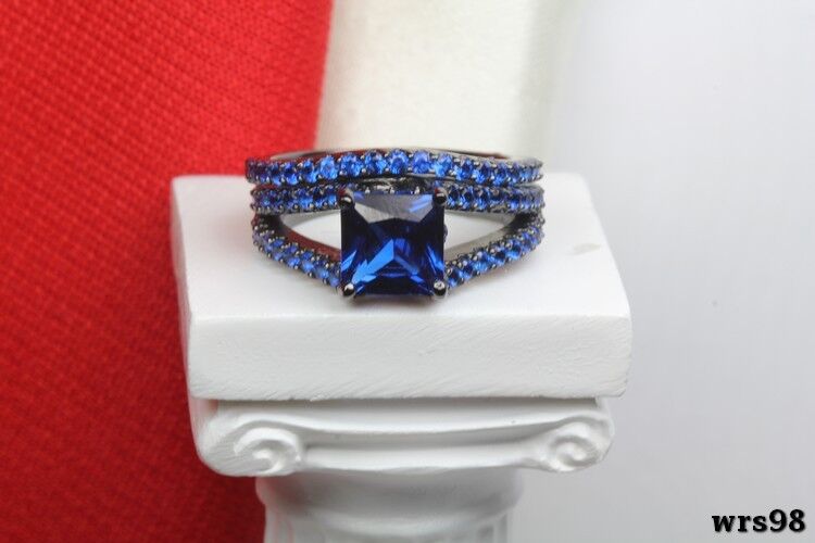 Bridal Blue CZ Gothic Black Plated 925 Silver Engagement Wedding Rings Set