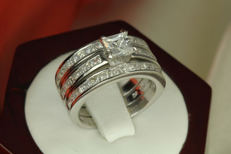 5.4 CT STERLING SILVER  PRINCESS CZ BRIDAL ENGAGEMENT WEDDING 3 RING SET ~W17-3A