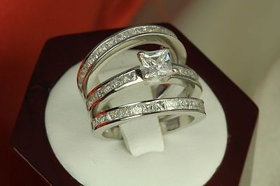 5.4 CT STERLING SILVER  PRINCESS CZ BRIDAL ENGAGEMENT WEDDING 3 RING SET ~W17-3A