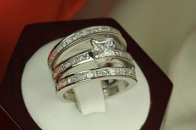 5.4 CT STERLING SILVER  PRINCESS CZ BRIDAL ENGAGEMENT WEDDING 3 RING SET ~W17-3A
