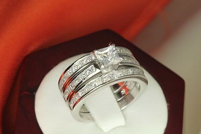 5.4 CT STERLING SILVER  PRINCESS CZ BRIDAL ENGAGEMENT WEDDING 3 RING SET ~W17-3A
