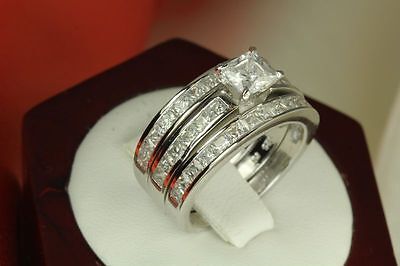 5.4 CT STERLING SILVER  PRINCESS CZ BRIDAL ENGAGEMENT WEDDING 3 RING SET ~W17-3A