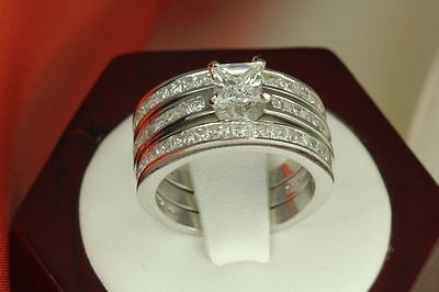 5.4 CT STERLING SILVER  PRINCESS CZ BRIDAL ENGAGEMENT WEDDING 3 RING SET ~W17-3A