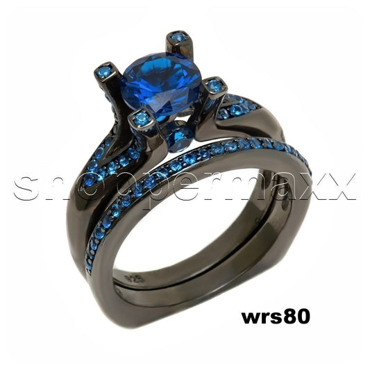 Blue CZ Sterling Silver Black Rhodium Bridal Engagement Wedding Ring Set