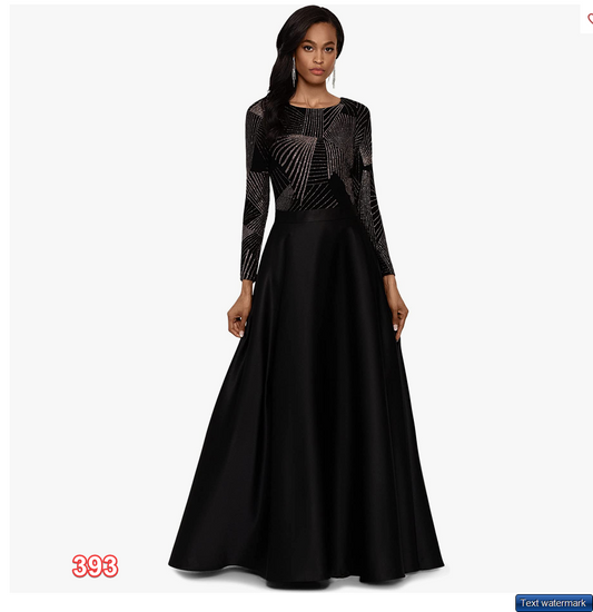 Betsy & Adam Long Sleeve Glitter Gianni Gown Black/Gold 10 Women's Long Dress