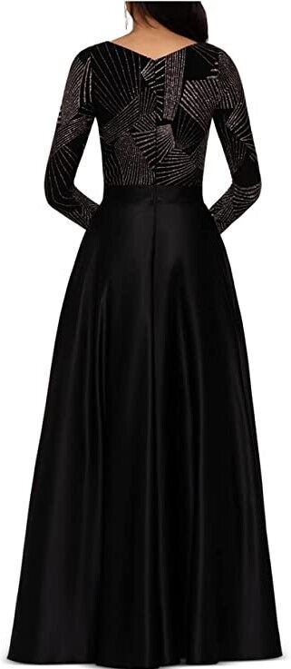 Betsy & Adam Long Sleeve Glitter Gianni Gown Black/Gold 10 Women's Long Dress