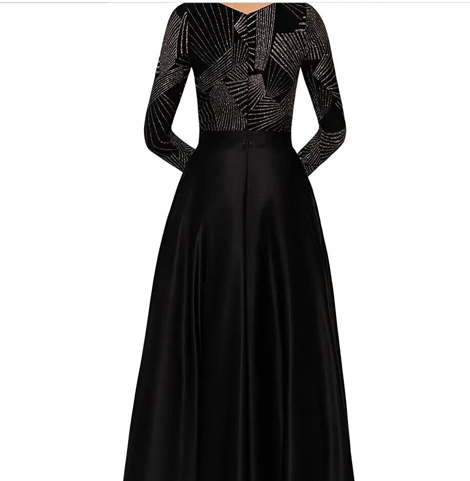 Betsy & Adam Long Sleeve Glitter Gianni Gown Black/Gold 10 Women's Long Dress