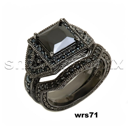 3CTW STERLING SILVER BLACK RHODIUM PLATED LADIES ENGAGEMENT AND WEDDING RING SET