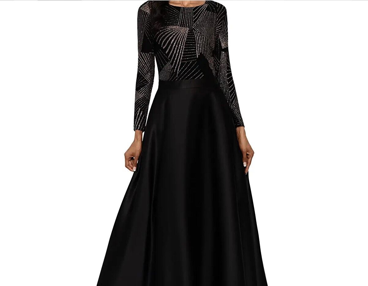 Betsy & Adam Long Sleeve Glitter Gianni Gown Black/Gold 10 Women's Long Dress