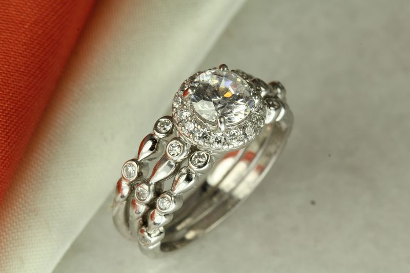 1.79CT STERLING SILVER VTG PAVE CZ BRIDAL ENGAGEMENT WEDDING HALO 3 RING SET