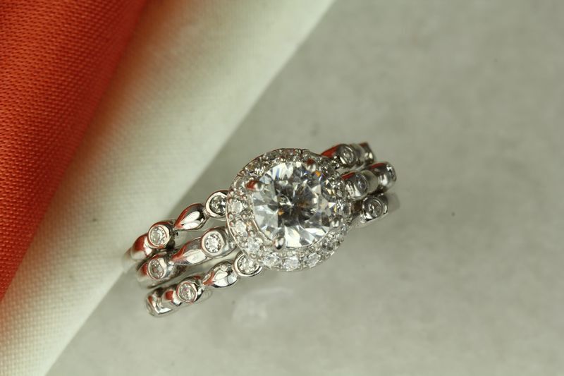 1.79CT STERLING SILVER VTG PAVE CZ BRIDAL ENGAGEMENT WEDDING HALO 3 RING SET