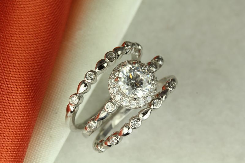 1.79CT STERLING SILVER VTG PAVE CZ BRIDAL ENGAGEMENT WEDDING HALO 3 RING SET