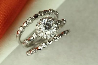 1.79CT STERLING SILVER VTG PAVE CZ BRIDAL ENGAGEMENT WEDDING HALO 3 RING SET