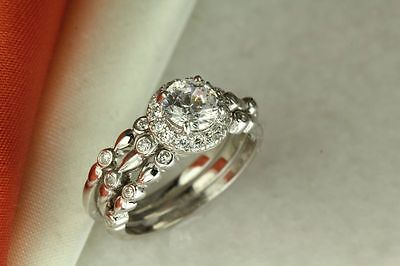 1.79CT STERLING SILVER VTG PAVE CZ BRIDAL ENGAGEMENT WEDDING HALO 3 RING SET
