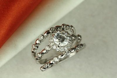 1.79CT STERLING SILVER VTG PAVE CZ BRIDAL ENGAGEMENT WEDDING HALO 3 RING SET