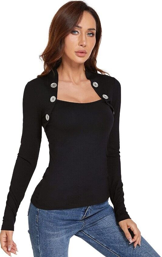 AmélieBoutik Women Bolero Style Button Embellished Long Sleeve Blouse Small