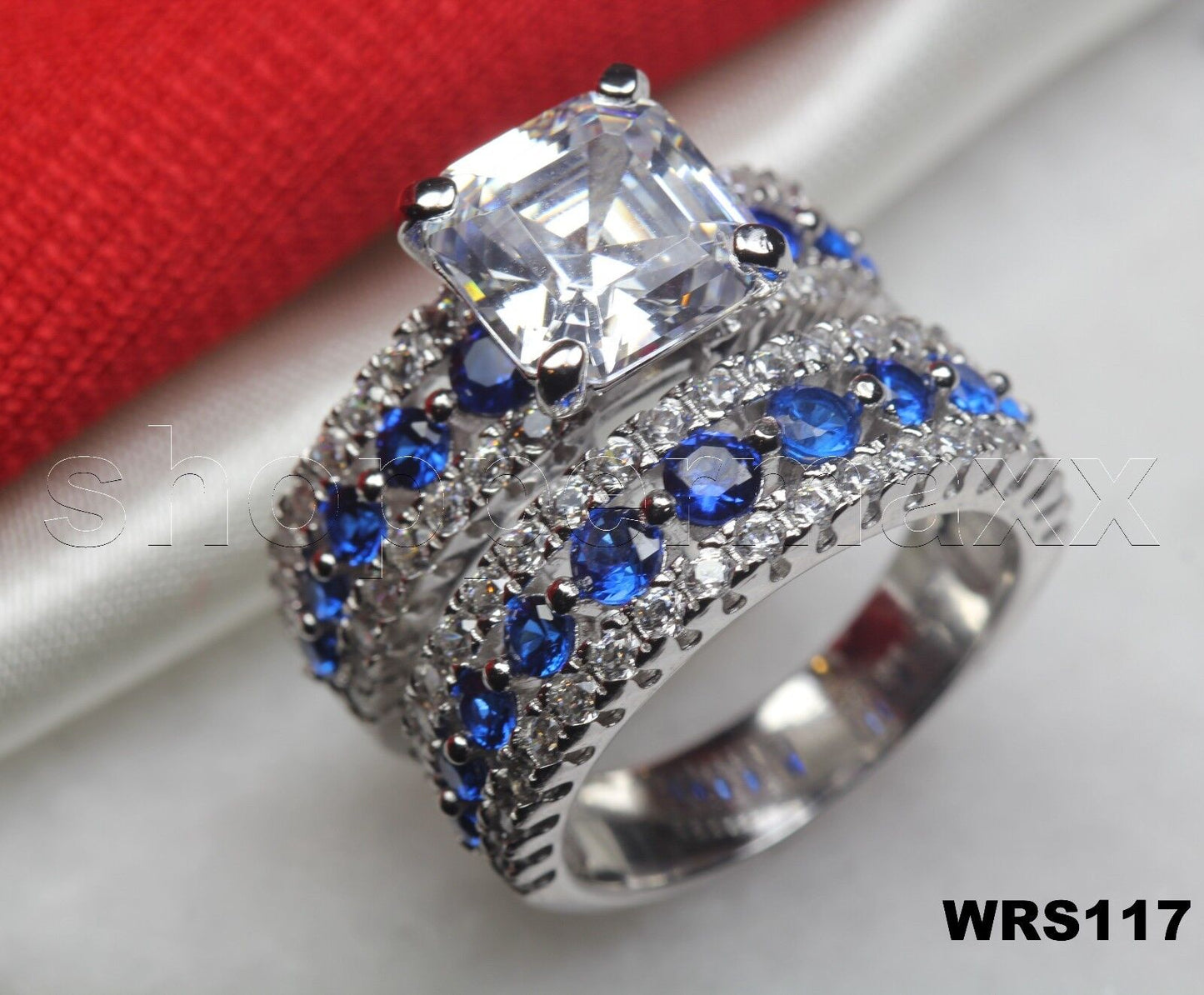 Asscher White & Blue CZ Sterling Silver 925 Engagement Wedding Ring Set