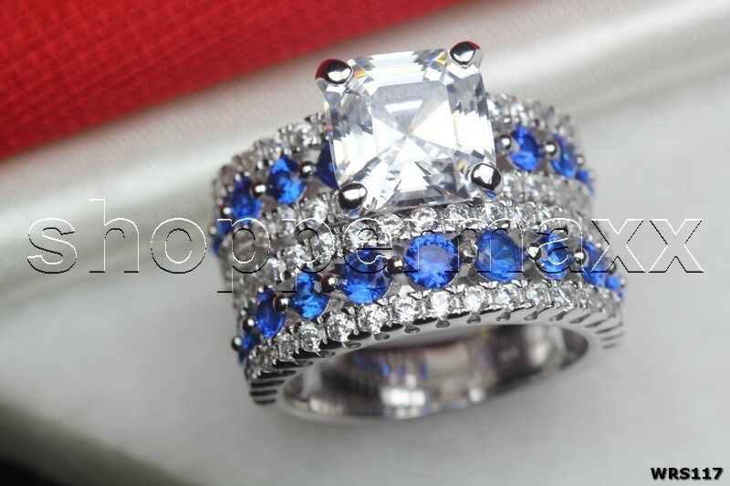 Asscher White & Blue CZ Sterling Silver 925 Engagement Wedding Ring Set