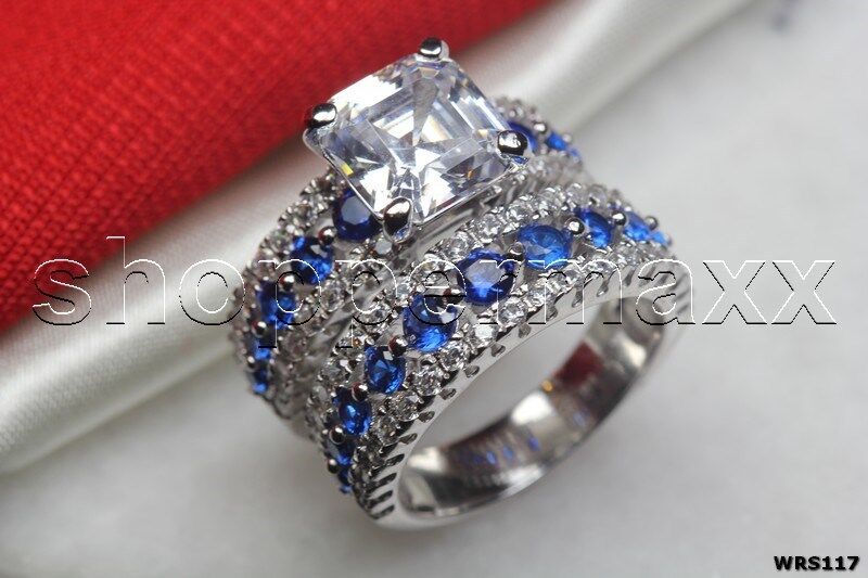 Asscher White & Blue CZ Sterling Silver 925 Engagement Wedding Ring Set