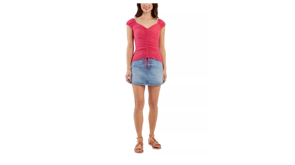 BCX Juniors' Women's Cap-Sleeve Drawstring-Front Top, Size Small, Pink