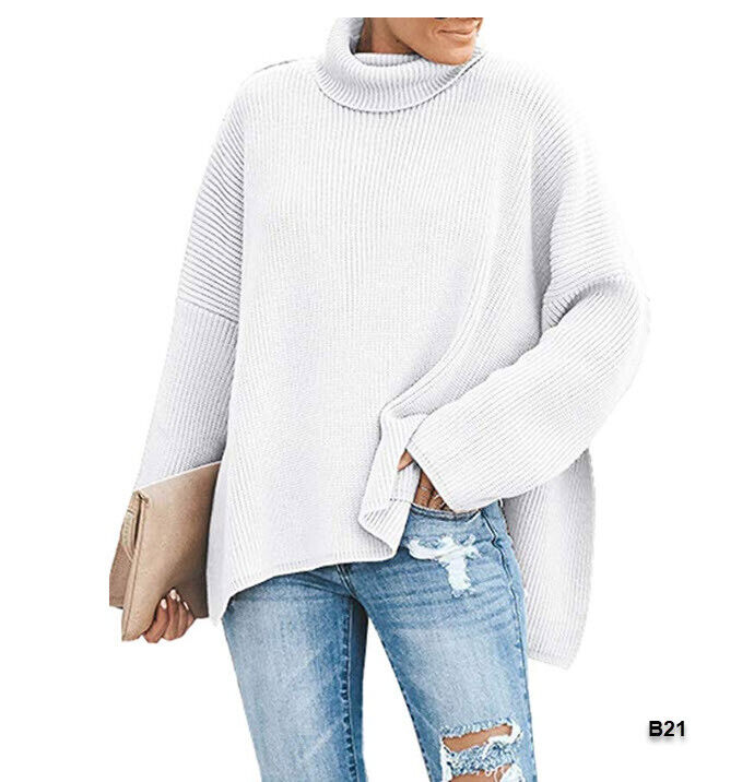 Ybenlow Womens Turtleneck Sweaters Batwing Sleeve Ribbed Loose Side Slit Oversiz