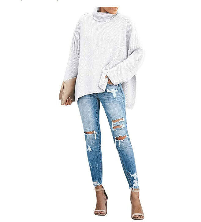 Ybenlow Womens Turtleneck Sweaters Batwing Sleeve Ribbed Loose Side Slit Oversiz