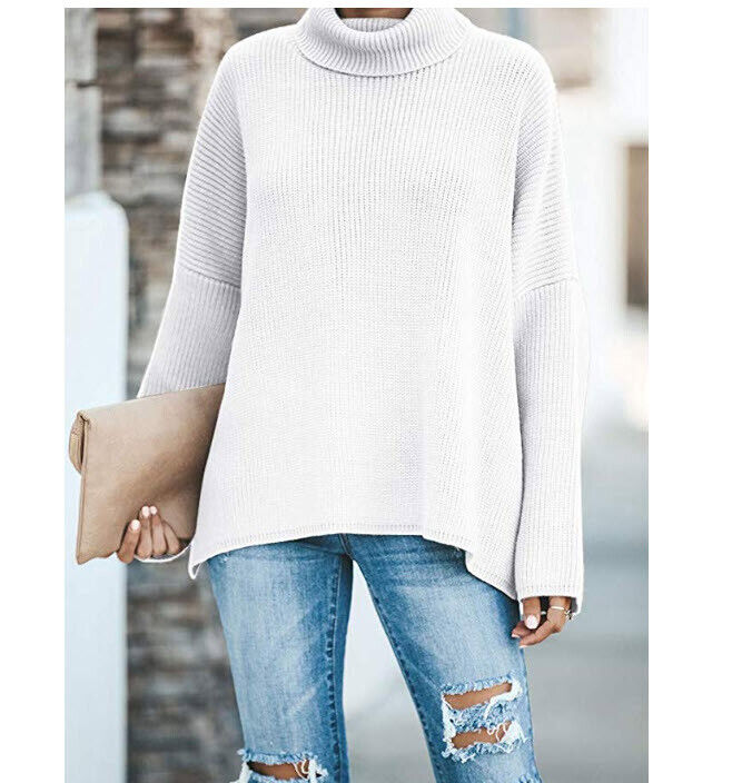 Ybenlow Womens Turtleneck Sweaters Batwing Sleeve Ribbed Loose Side Slit Oversiz
