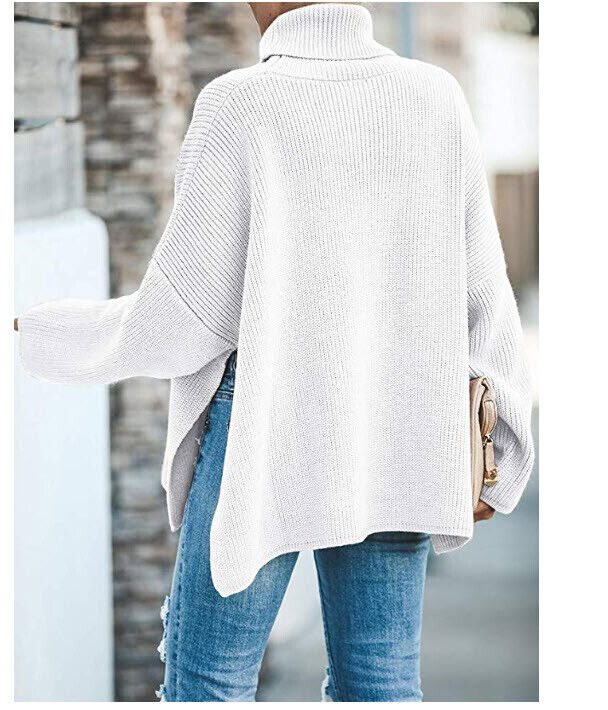 Ybenlow Womens Turtleneck Sweaters Batwing Sleeve Ribbed Loose Side Slit Oversiz