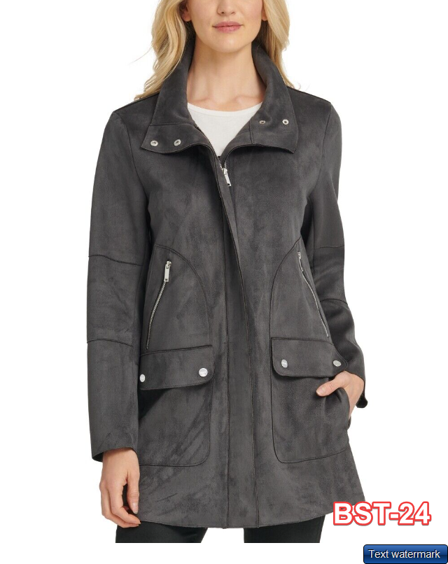 DKNY NEW Women's Storm Grey Faux-suede High-neck Zip-up Jacket Top Medium $189