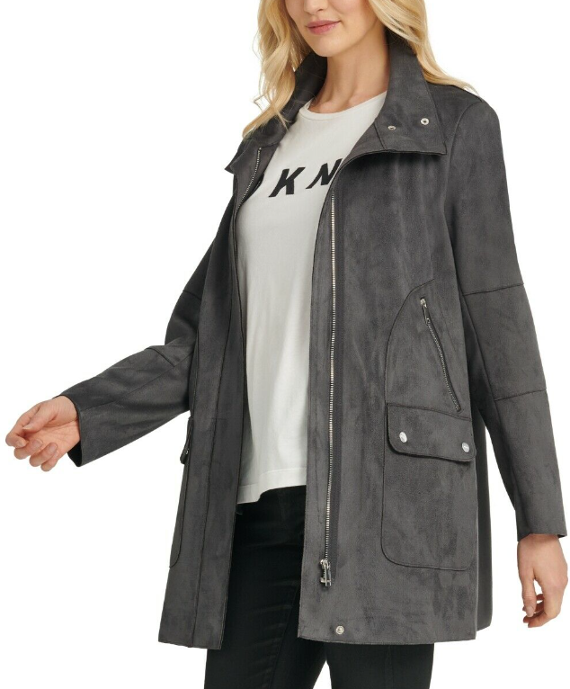 DKNY NEW Women's Storm Grey Faux-suede High-neck Zip-up Jacket Top Medium $189