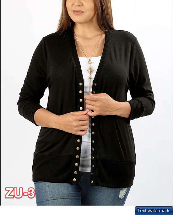 Black Three-Quarter Sleeve Snap-Up Cardigan Black Large