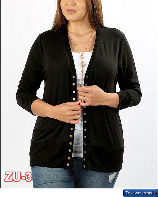 Black Three-Quarter Sleeve Snap-Up Cardigan Black Large