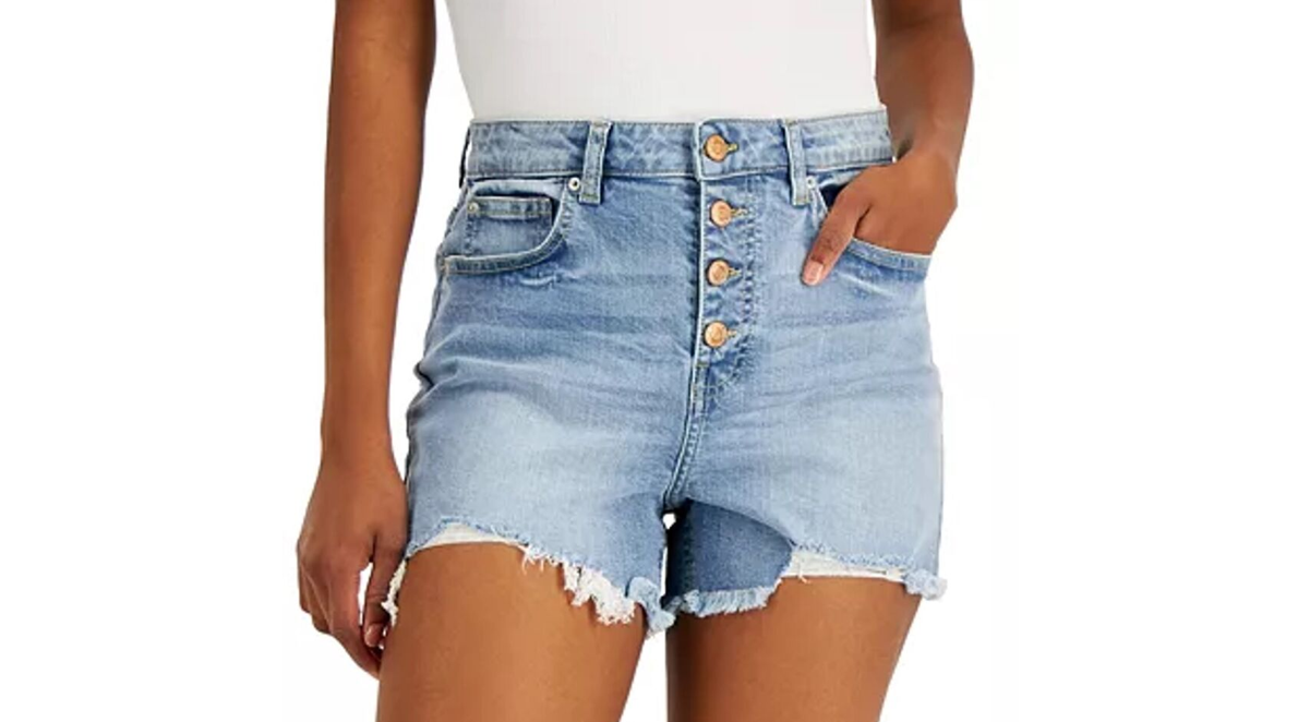 Vanilla Star Women's Junior's Exposed Button Denim Shorts Bottoms, Blue, Size 3