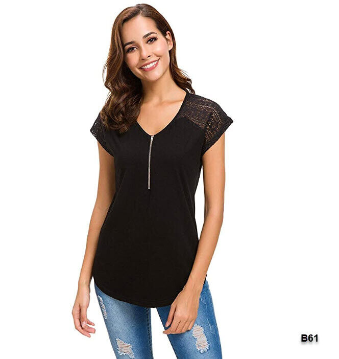 Womens Short Sleeve Zip up Tunic Lace Shoulder Casual Fitting Shirt Blouse Tops