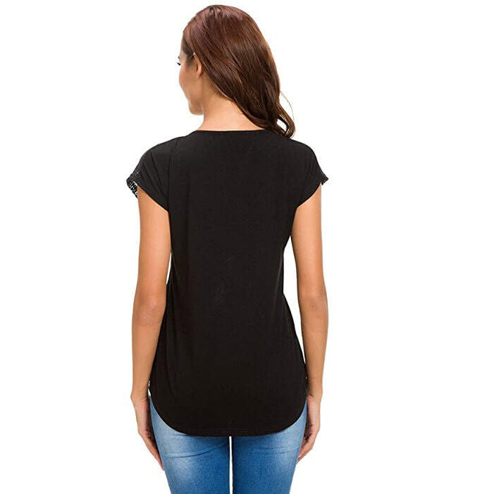 Womens Short Sleeve Zip up Tunic Lace Shoulder Casual Fitting Shirt Blouse Tops