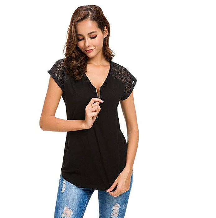 Womens Short Sleeve Zip up Tunic Lace Shoulder Casual Fitting Shirt Blouse Tops