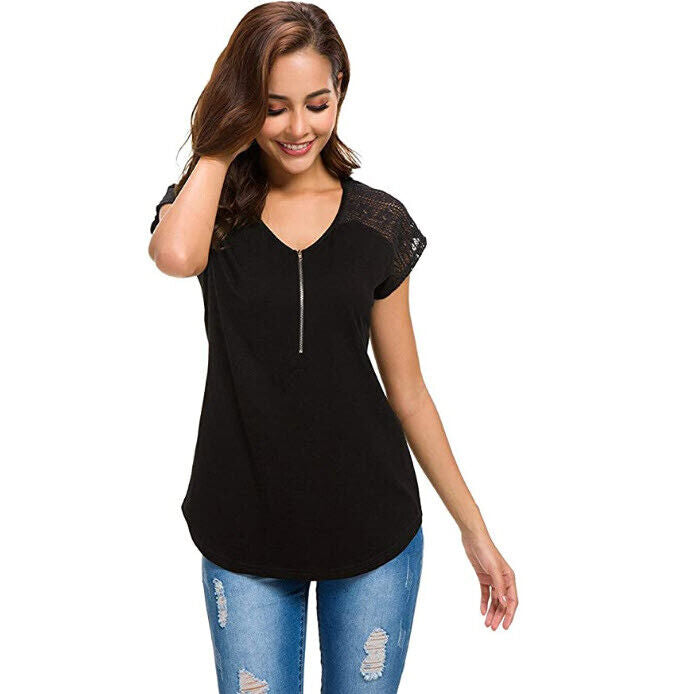 Womens Short Sleeve Zip up Tunic Lace Shoulder Casual Fitting Shirt Blouse Tops