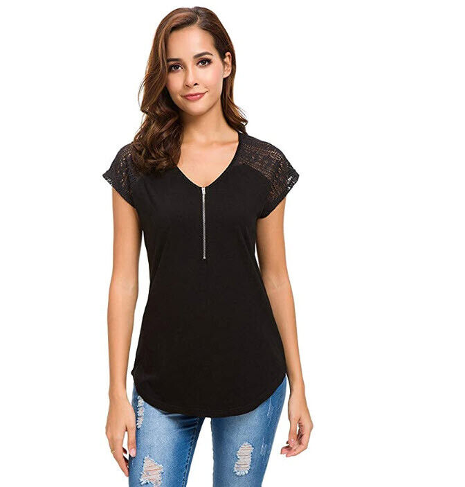 Womens Short Sleeve Zip up Tunic Lace Shoulder Casual Fitting Shirt Blouse Tops