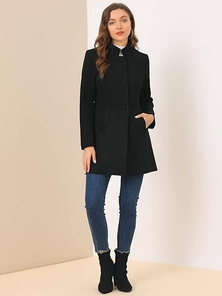 Allegra K Women's Winter Overcoat Mid-thigh Stand Collar Single Breasted Long, L