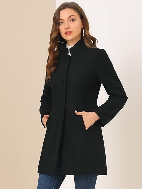 Allegra K Women's Winter Overcoat Mid-thigh Stand Collar Single Breasted Long, L