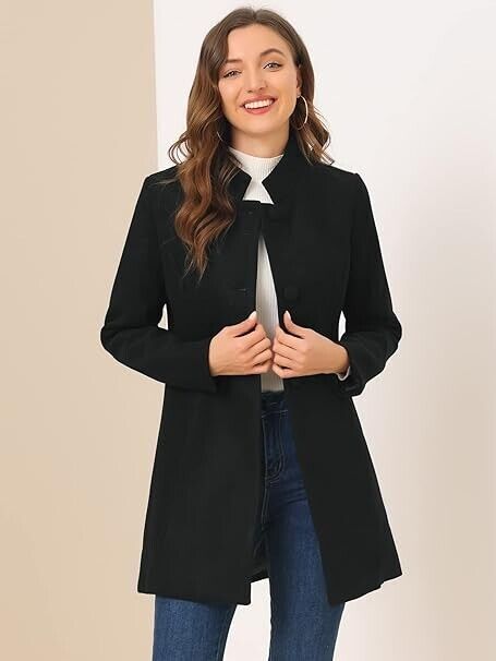 Allegra K Women's Winter Overcoat Mid-thigh Stand Collar Single Breasted Long, L