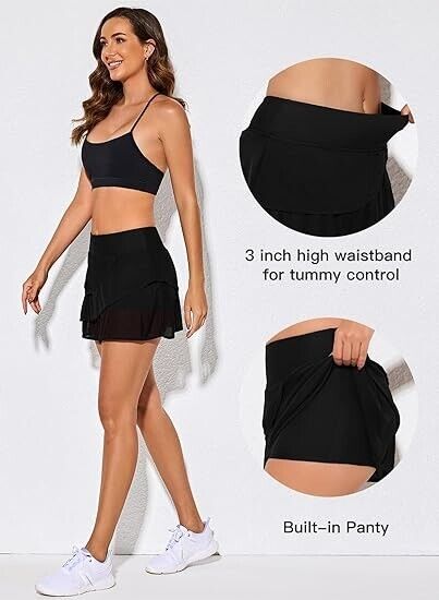 Aleumdr Women's Waistband Layered Swimdress Ruffle Swim Skirt Swimsuit Bottom, L
