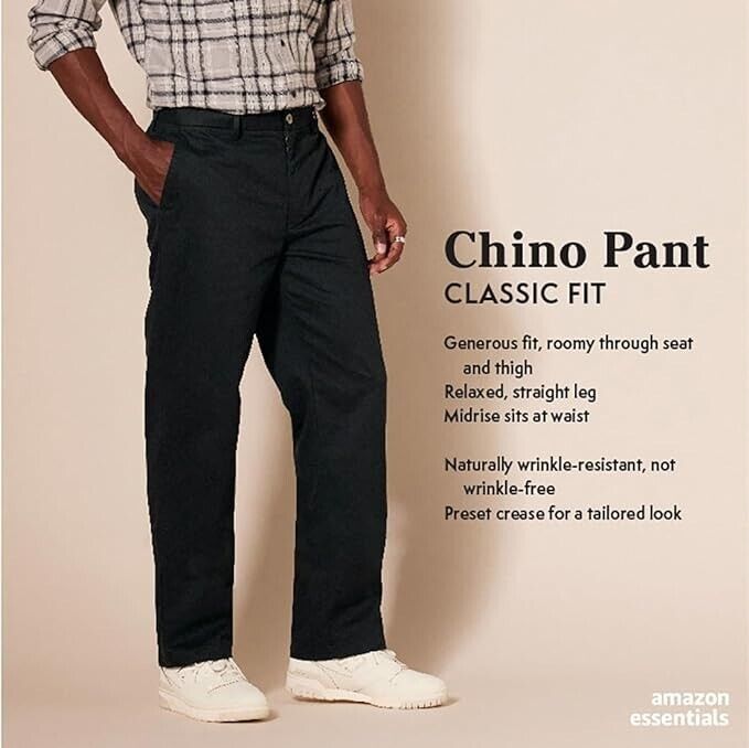 Essentials Men's Classic-Fit, Wrinkle-Resistant, Chino Pant, Navy, 40Wx32L