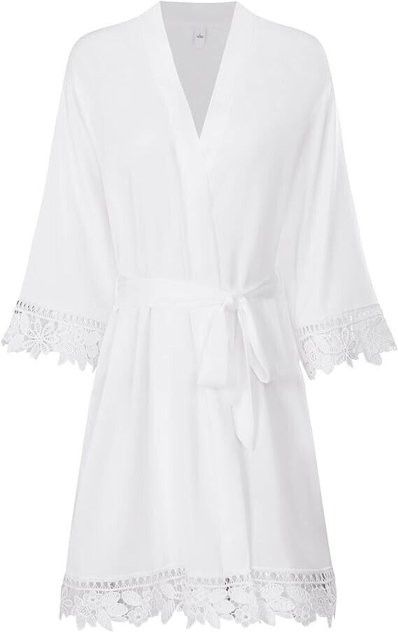 Women's Lace Trim Bride Bridesmaid Robes Silk Like Bridal Party Robes, One Size